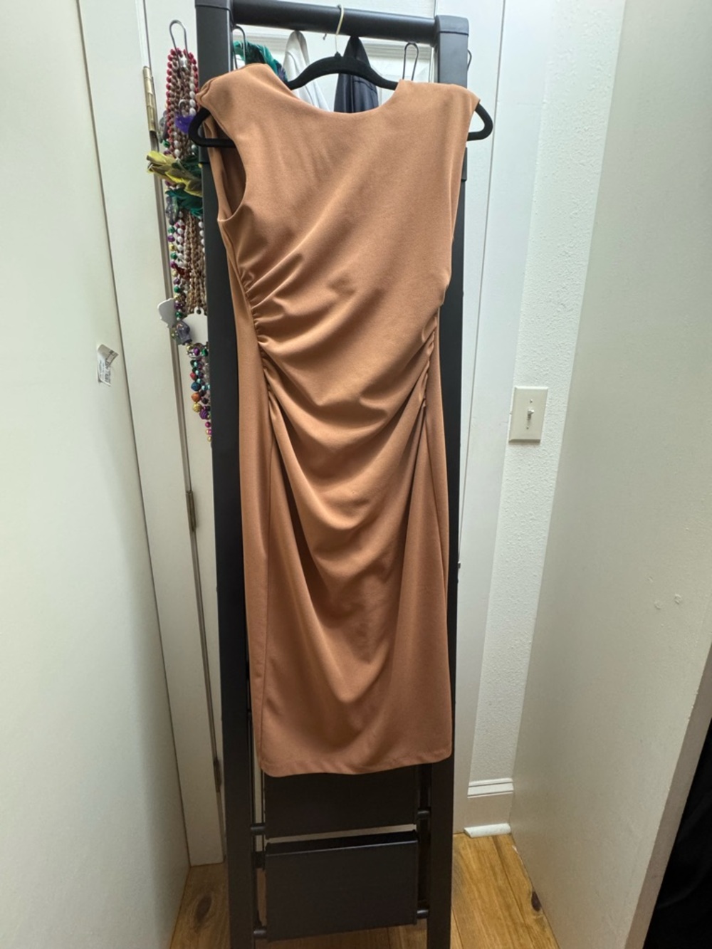 Alex Marie Sleeveless Ruched Midi Dress in Camel